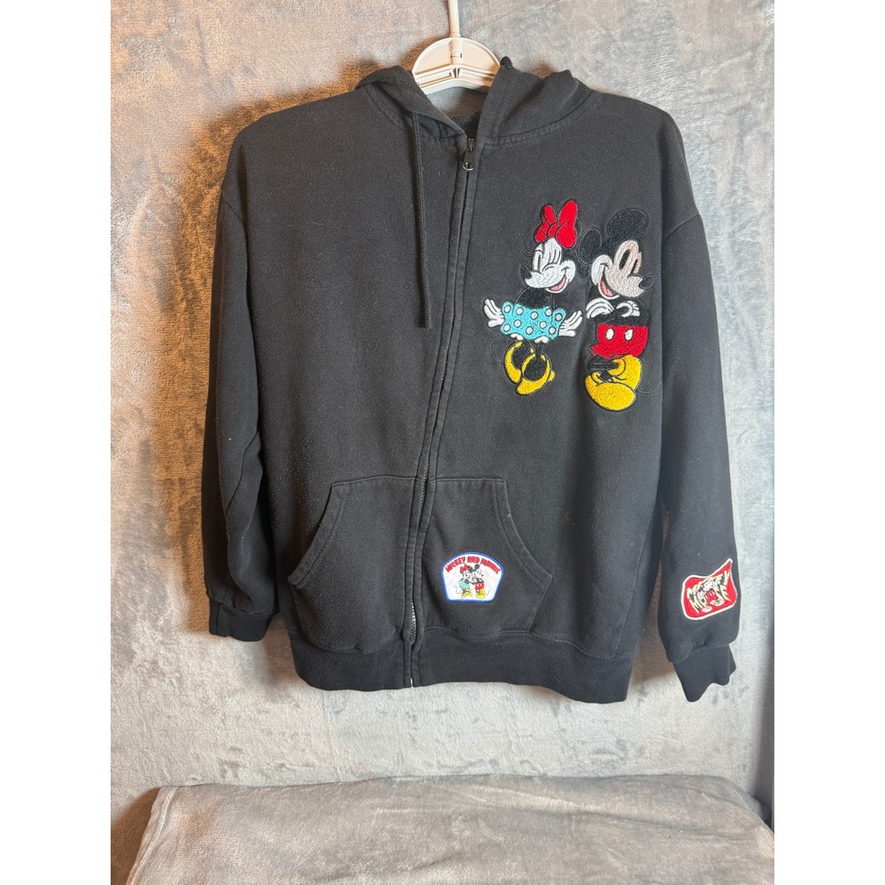 Disney Mickey Mouse Hoodie Women Medium Black Excellent Zip Up Embroidered Patch